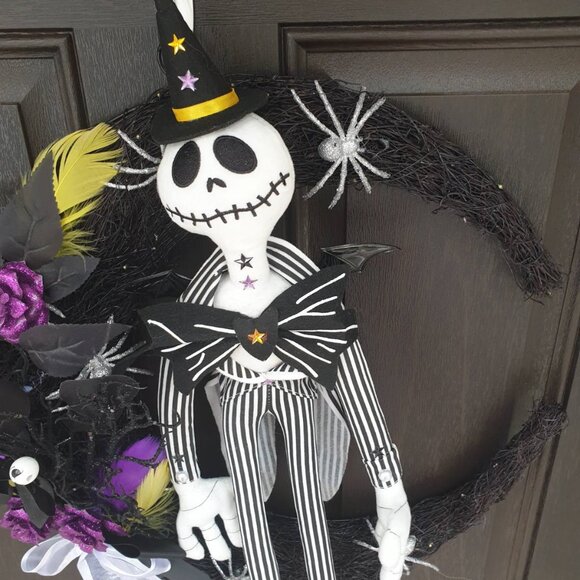 Halloween Jack Skellington Witch Wreath Hanger Wall Spooky Bat Decor Door Sign - Picture 2 of 11
